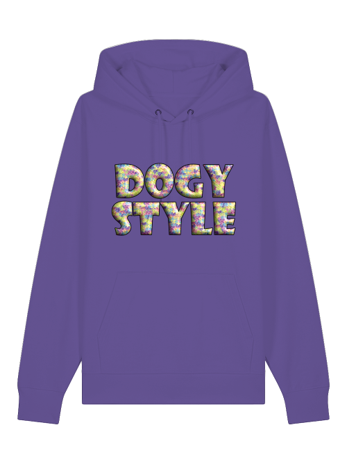 Farbenfroher Hundepfoten Hoodie von Milkis Way in Lila mit bunter Doggy Style Aufschrift