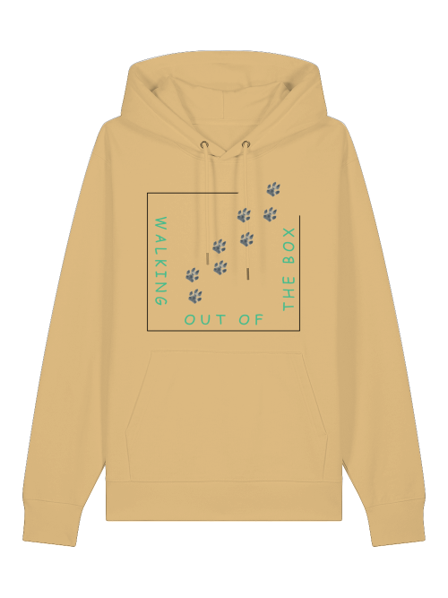 Beiger Hoodie mit Hundepfoten Print und Aufdruck Walking out of the box von Milkis Way
