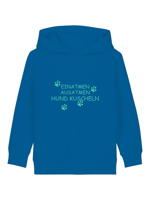 Kinder Hoodie Hundemotiv Bio-Baumwolle in Blau mit Aufdruck Einatmen Ausatmen Hund Kuscheln