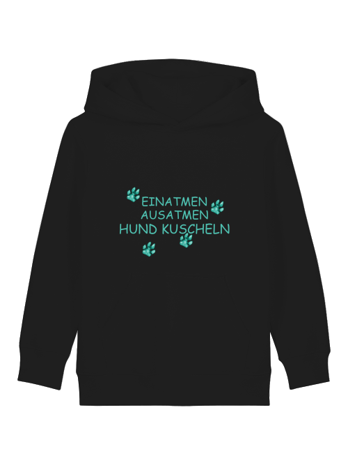 Kinder Hoodie Hundemotiv Bio-Baumwolle schwarz mit türkisem Schriftzug und Pfoten von Milkis Way