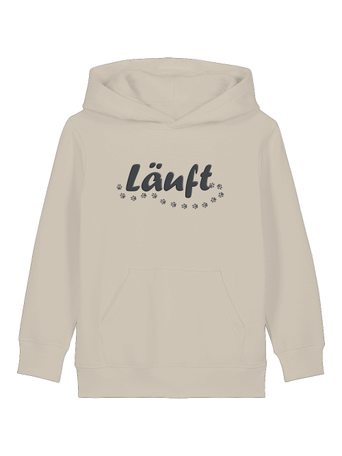 Kinder Hoodie mit Hundepfoten in Beige von Milkis Way mit lässigem Läuft Schriftzug und Pfotenmotiv