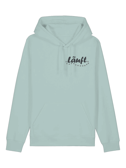 Nachhaltiger Hoodie für Hundefreunde in Hellblau mit Aufschrift Läuft von Milkis Way