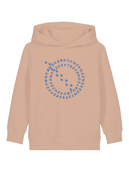 Nachhaltiger Hoodie für Kinder mit Hundemotiv in Beige von Milkis Way mit blauem Textdesign