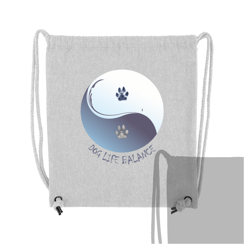 Rucksackbeutel Hundemotiv Baumwolle in Grau mit Dog Life Balance Yin-Yang Symbol und Pfotenabdrücken
