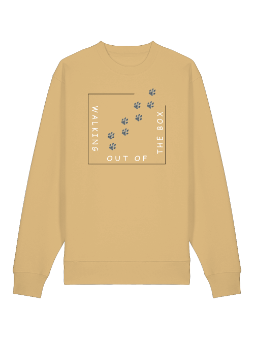 Beiges Sweatshirt von Milkis Way mit Pfotenmotiv und Aufdruck Walking Out of the Box, Sweatshirt für Hundeliebhaber nachhaltig