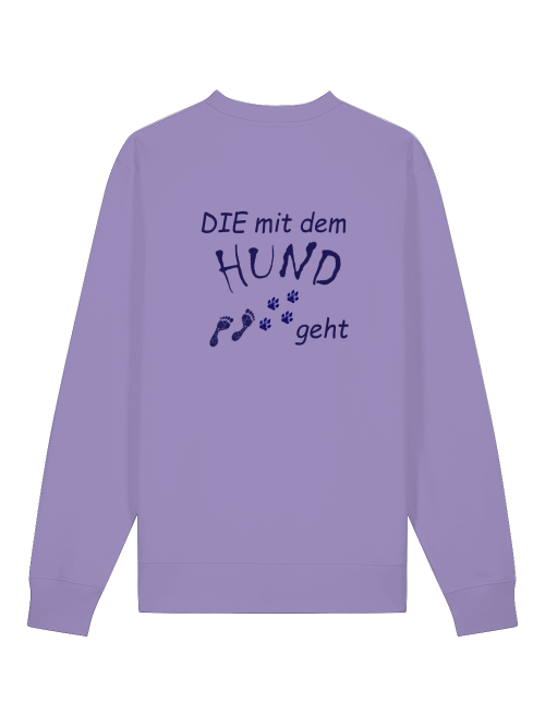 Lila Sweatshirt mit Hundemotiv für Frauen und Aufdruck Die mit dem Hund geht von Milkis Way