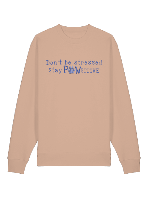 Milkis Way Sweatshirt mit Hundepfotenprint und motivierendem Text in Blau auf hellem Beige