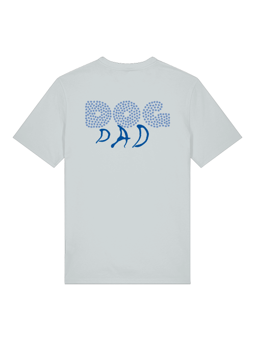 Unisex Dog Dad Shirt von Milkis Way mit blauem Punktemuster und Schriftzug auf weißem T-Shirt