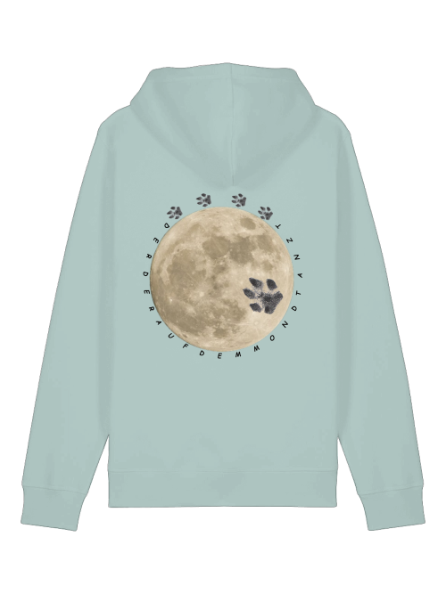 Unisex Hoodie Bio-Baumwolle Hundepfote in Hellblau mit Mond und Pfotenprint hinten