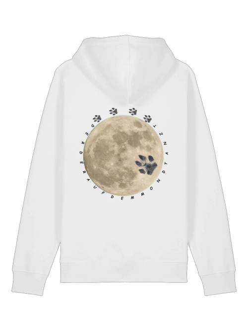Weißer Unisex Hoodie Bio-Baumwolle Hundepfote mit Mond- und Pfotendruck auf der Rückseite von Milkis Way