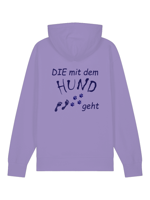 Unisex Hoodie Hundemotiv Bio-Baumwolle in Lila mit Hundepfoten und Spruch auf der Rückseite