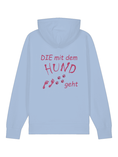 Milkis Way Unisex Hoodie Hundemotiv in Hellblau mit pinkem Spruch und Pfotenabdrücken auf der Rückseite