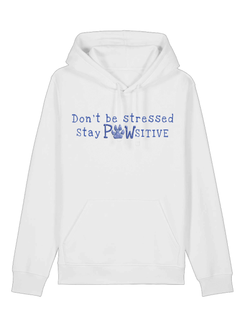 Weißer Unisex Hoodie Hundepfote mit blauem Schriftzug und Pfotenmotiv von Milkis Way