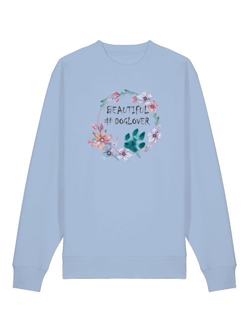 Milkis Way Unisex Sweatshirt für Hundeliebhaber in Hellblau mit floralem Design und Hundepfote