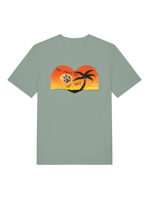 Unisex T-Shirt mit Hundepfoten Print von Milkis Way in grün mit Sonnenuntergang und Palmenmotiv