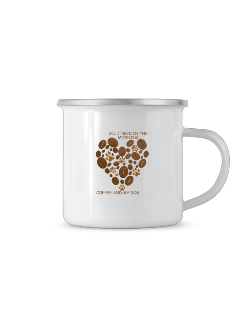 Weißer Emaillebecher für Hundefreunde mit braunem Herzmotiv aus Kaffeebohnen und Hundepfoten von Milki´s Way